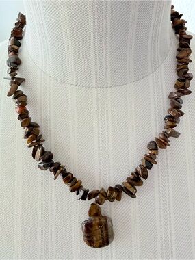 Natural Tiger's Eye Chip Bead Necklace Carved Turtle Pendant Boho 16”- 18"